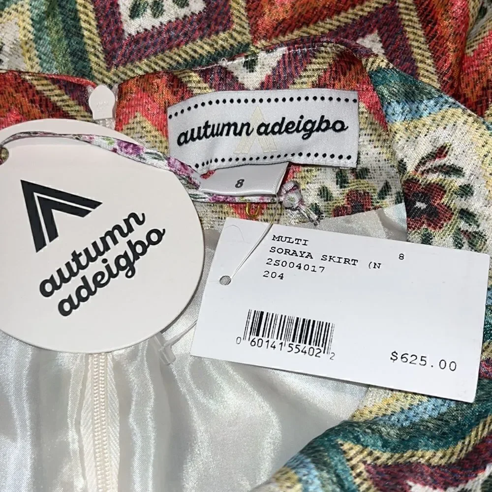 NWT AUTUMN ADEIGBO Soraya Geometric-Print Ruched Bead-Fringe Midi Skirt Size 8